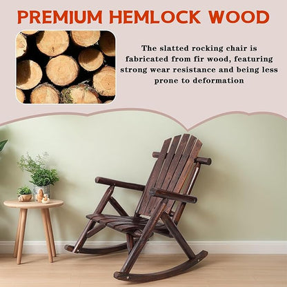 Wooden Rocking Chair Outdoor, Ergonomic High Back Patio Rocking Chairs, Porch Rocker for Backyard/Lawn/Patio/Garden/Balcony/FirePit/Indoor (Brown)