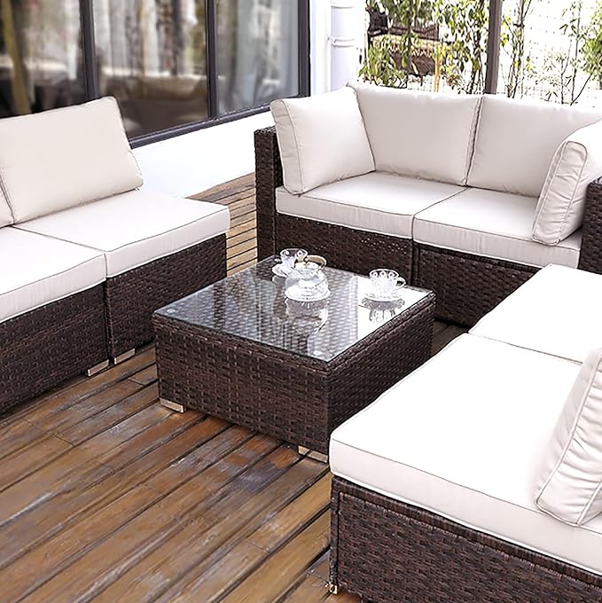 DIMAR GARDEN Outdoor Coffee Table Wicker Patio Side Table with Glass Top, 25.2in Mixed Brown