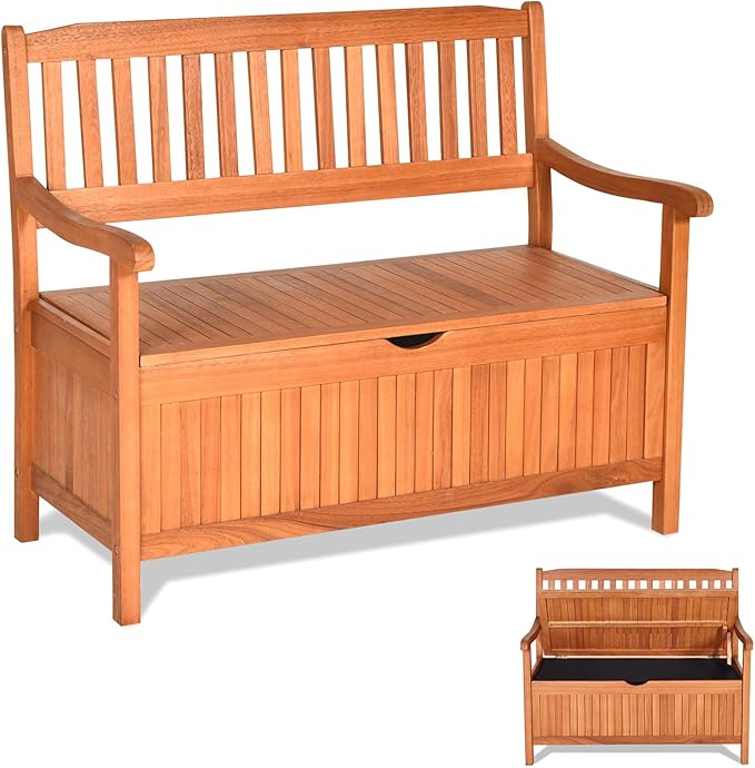 LDAILY 33 Gal Outdoor Storage Bench, Eucalyptus Multi-Functional Deck Box with 800 lbs Heavy Duty Capacity - Photo 1