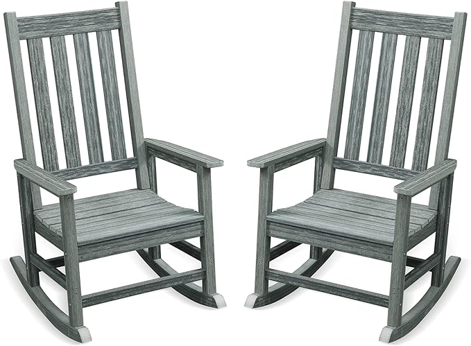 Outdoor Rocking Chair Set of 2, HDPE Oversized Patio Rocking Chairs, Weather Resistant, 350lbs Heavy Duty Porch Rocker with High Back for Backyard, Fire Pit, Garden and Indoor (Grey)