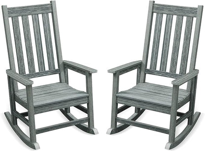 Outdoor Rocking Chair Set of 2, HDPE Oversized Patio Rocking Chairs, Weather Resistant, 350lbs Heavy Duty Porch Rocker with High Back for Backyard, Fire Pit, Garden and Indoor (Grey)