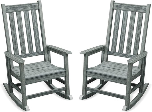 Outdoor Rocking Chair Set of 2, HDPE Oversized Patio Rocking Chairs, Weather Resistant, 350lbs Heavy Duty Porch Rocker with High Back for Backyard, Fire Pit, Garden and Indoor (Grey)