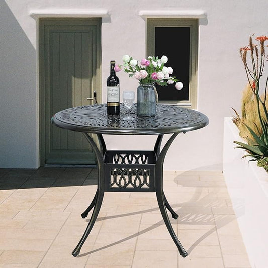 Outdoor Cast Aluminum Patio Table, 35.4” Round Bistro Table with 2” Umbrella Hole for Patio Furniture Garden Deck Backyard