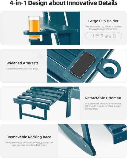 Folding Adirondack Rocking Chair,4-in-1 Multifunctional Patio Chair with Retractable Ottoman, Outdoor Chair Wood Texture, Lawn Chair for Porch, Backyard, Pool(Navy Blue)