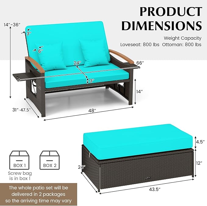 Moccha Outdoor Wicker Daybed, Patio Rattan Loveseat Sofa w/ 4-Level Adjustable Backrest, Folding Panels, Storage Ottoman & Cushions, Lounge Furniture Set for Poolside Backyard Porch (Turquoise)