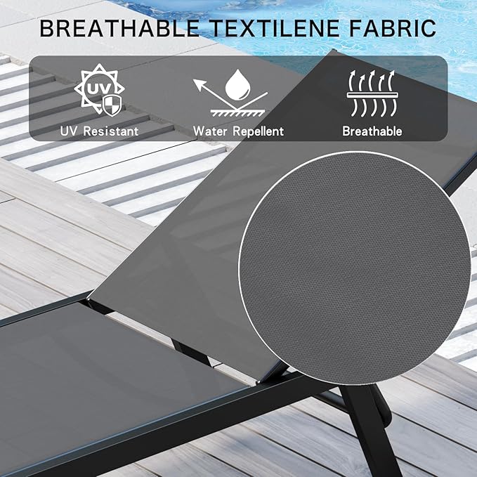 Aluminum Outdoor Chaise Lounge Set of 2,Patio Breathable Textilene Lounge Chairs,Sunbathing Recliner w/5 Adjustable Backrest, for Outside Yard Balcony Garden Poolside Beach Deck Lawn,Grey