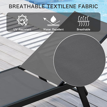 Aluminum Outdoor Chaise Lounge Set of 2,Patio Breathable Textilene Lounge Chairs,Sunbathing Recliner w/5 Adjustable Backrest, for Outside Yard Balcony Garden Poolside Beach Deck Lawn,Grey