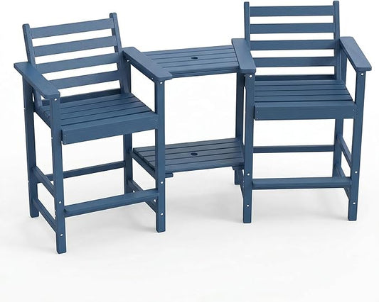 Kingdura Tall Adirondack Chairs Set of 2, Weather Resistant HDPE Bar Height Outdoor Stools with Removable Double Connecting Trays, Wooden Grain for Patio, Balcony, Deck (Navy Blue)