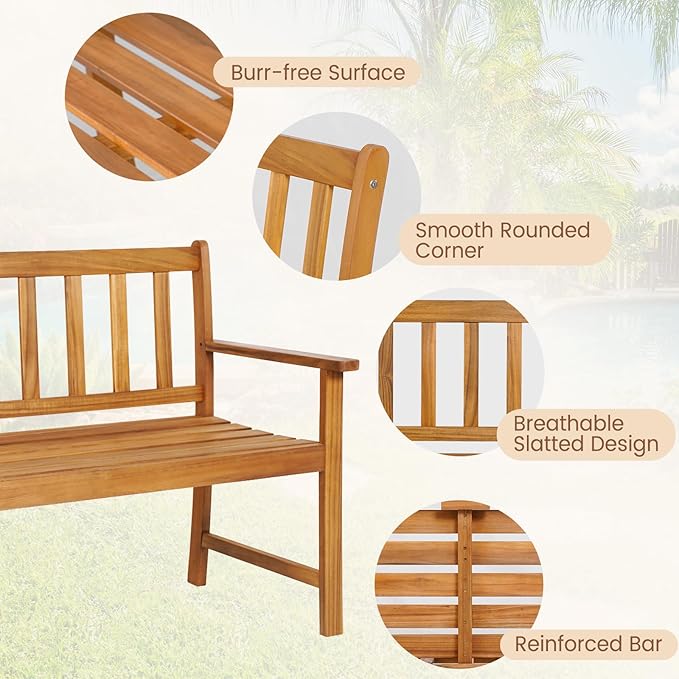 Wooden Garden Bench, Outdoor Bench Acacia Wood with Slatted Seat, Comfy Backrest & Armrest, 2-Person Loveseat Patio Bench for Porch Balcony Backyard Park, 800 LBS Max Load (48” x 22" x 34")