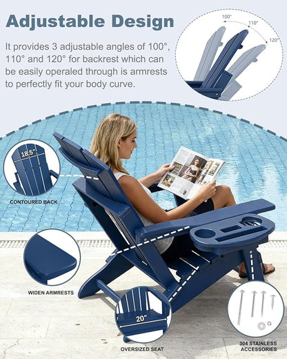 Adjustable Adirondack Chair Set of 4 with Cup Holder, All Weather HDPE Fire Pit Chairs for Deck, Backyard, Patio, Navy Blue