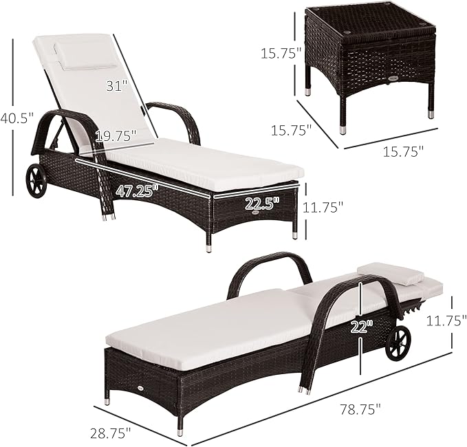 Outsunny Wicker Outdoor Chaise Lounge Chair Set of 3 with Side Table, 5-Level Adjustable Backrest PE Rattan Pool Lounge Chair with Wheels, Cushion & Headrest, Brown and Cream White