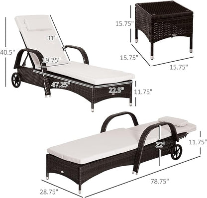 Outsunny Wicker Outdoor Chaise Lounge Chair Set of 3 with Side Table, 5-Level Adjustable Backrest PE Rattan Pool Lounge Chair with Wheels, Cushion & Headrest, Brown and Cream White