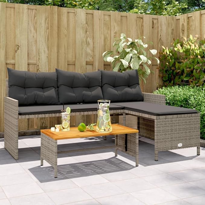 vidaXL L-Shaped Patio Sofa with Cushions and Coffee Table - Gray Poly Rattan, Powder-Coated Steel Frame, Acacia Wood Tabletop, Removable Covers for Garden, Terrace