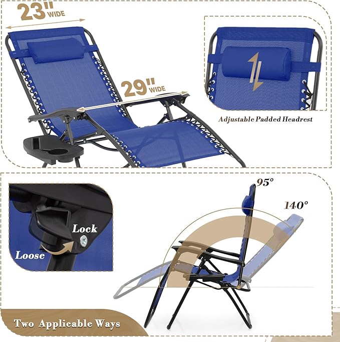 Athena Collection Zero Gravity Outdoor Lounge Chair Set of 2 with Side Table, 29" Width Pool Lounge Lawn Chairs Reclining with Cup Holder, Outdoor Chaise for Beach Patio Backyard Outside, Blue