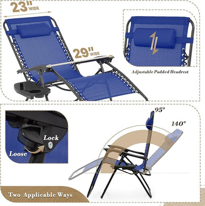 Athena Collection Zero Gravity Outdoor Lounge Chair Set of 2 with Side Table, 29" Width Pool Lounge Lawn Chairs Reclining with Cup Holder, Outdoor Chaise for Beach Patio Backyard Outside, Blue