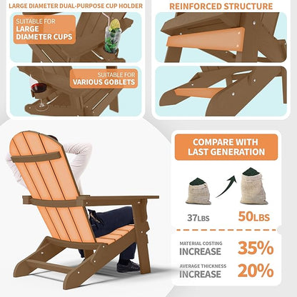 YEFU Adirondack Chair, Foldable Oversized Plastic Adirondack Chair Set of 4 with Cup Holder, Patio Chair with Weather Resistant for Outside Deck Lawn, Weight Capacity Up to 400 Lbs –Teak