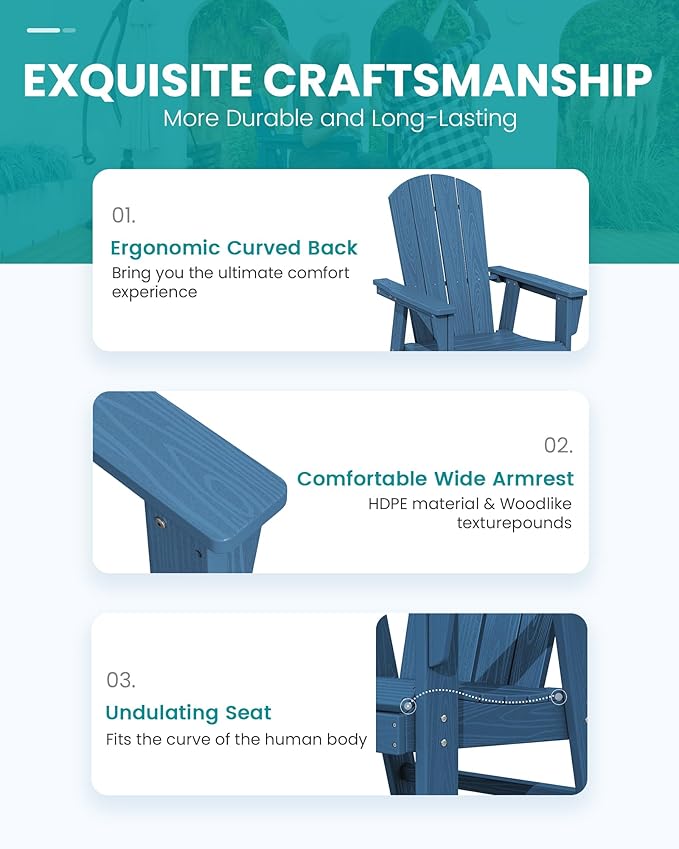SERWALL Outdoor Adirondack Dining Chair Set of 2, All Weather HDPE Patio Chairs, Navy
