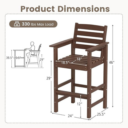 Tangkula Patio Adirondack Chairs Set of 4, HDPE Bar Height Chair with Wide Armrests & Footrest, Outdoor High-Top Slatted Bar Chairs with Backrest for Backyard, Lawn, Poolside (Brown)