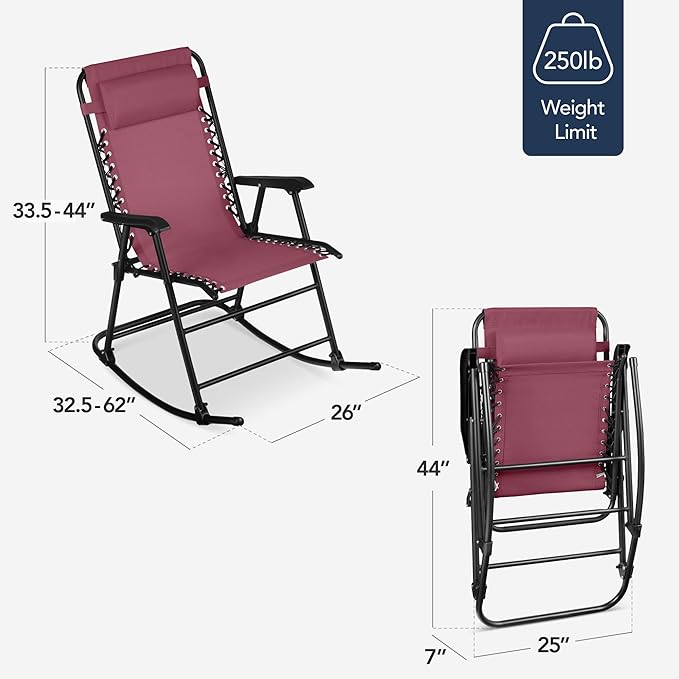 Best Choice Products Outdoor Folding Rocking Chair, Zero Gravity Lounge Chair, Patio Rocker w/Headrest Pillow - Burgundy - Photo 3