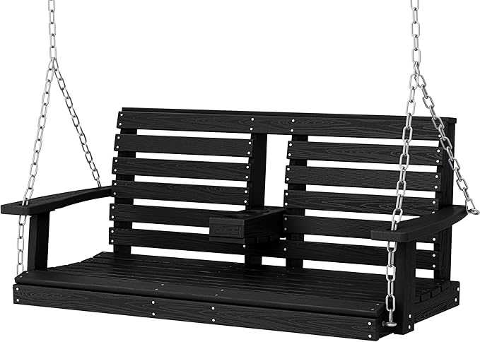 KINGYES Outdoor Hanging Patio Swing Chair, 2 Seat Swing with Cup Holders, Waterproof Bench for Courtyard & Garden - Photo 1