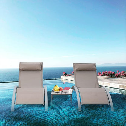 Domi Pool Lounge Chairs Set of 3, Adjustable Aluminum Outdoor Chaise Lounge Chairs with Metal Side Table, All Weather for Deck Lawn Poolside Backyard -Beige Textilene