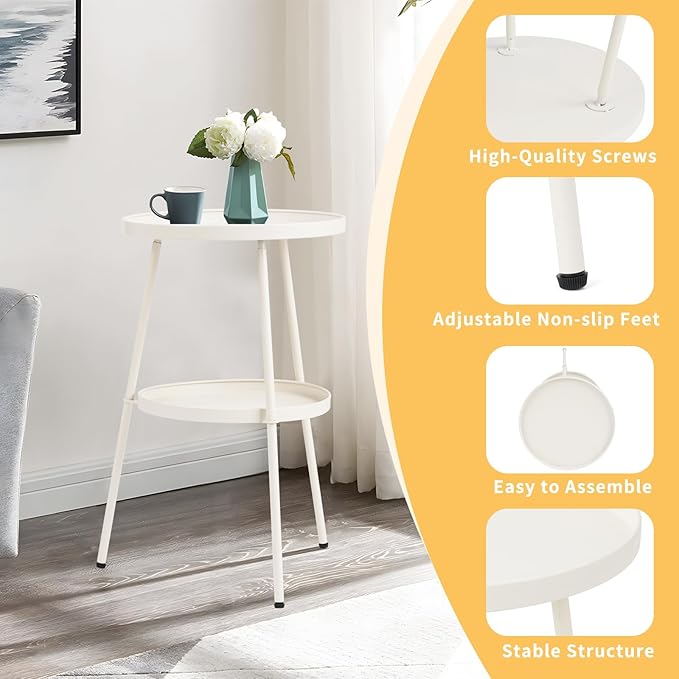 Outvita Outdoor Round Side Table, Small Metal End Table Black Coffee Table for Patio Lawn Garden Living Room Bedroom Sturdy (Double Layer, Creamy White)