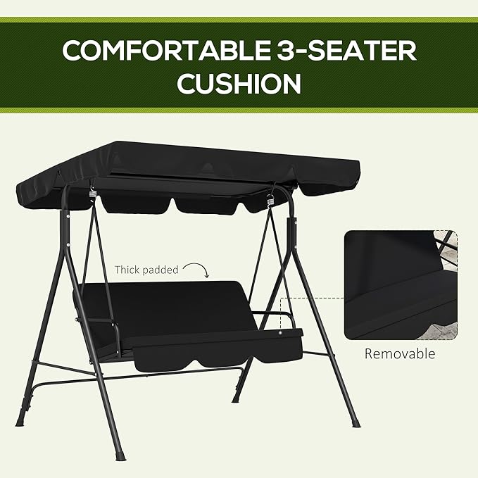 Outsunny 3-Seat Outdoor Patio Swing Chair with Removable Cushion, Steel Frame Stand and Adjustable Tilt Canopy for Patio - Photo 6