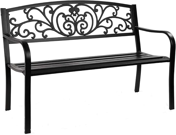 Giantex 50" Patio Garden Bench, Loveseats Park Yard Furniture, Black Steel Cast Iron Frame Chair - Photo 1