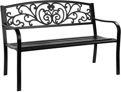Giantex 50" Patio Garden Bench, Loveseats Park Yard Furniture, Black Steel Cast Iron Frame Chair, Metal Bench Outdoor with Floral Scroll Pattern