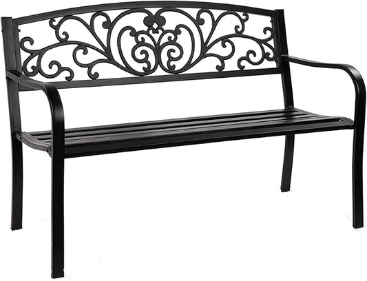 Giantex 50" Patio Garden Bench, Loveseats Park Yard Furniture, Black Steel Cast Iron Frame Chair, Metal Bench Outdoor with Floral Scroll Pattern