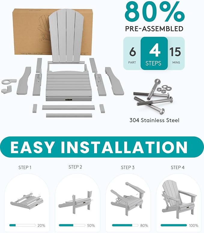 SERWALL Folding Adirondack Chair with Cup Holder for Patio Garden Outdoors Fire Pit- Spanish Gray - Photo 4