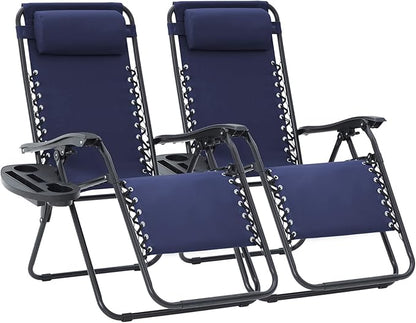JEAREY Oversized Zero Gravity Lounge Chairs Set of 2, Breathable Steel Mesh Lounge Chairs with Head Pillows & Cup Holder Trays, for Patio, Garden, Beach, Purplish Blue