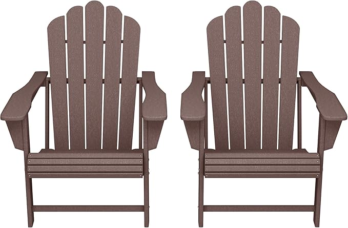 Costaelm Lakeview Outdoor Patio HDPE Adirondack Chairs with Cup Holders (Set of 2), Dark Brown