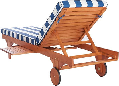 SAFAVIEH Outdoor Collection Newport Natural/ Blue & White Stripe Cushion Built-in Side Table Adjustable Chaise Lounge Chair