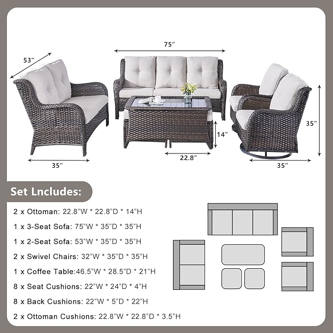 Rilyson Wicker Patio Furniture Set - 7 PC Rattan Outdoor Sectional Conversation Sets with 2 Rocking Swivel Chairs - Photo 3
