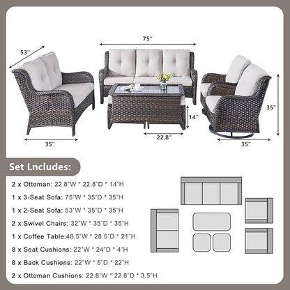Rilyson Wicker Patio Furniture Set - 7 PC Rattan Outdoor Sectional Conversation Sets with 2 Rocking Swivel Chairs,2 Ottomans,1 Sofa,1 Loveseat and 1 Coffee Table for Porch Deck(Brown/Beige)