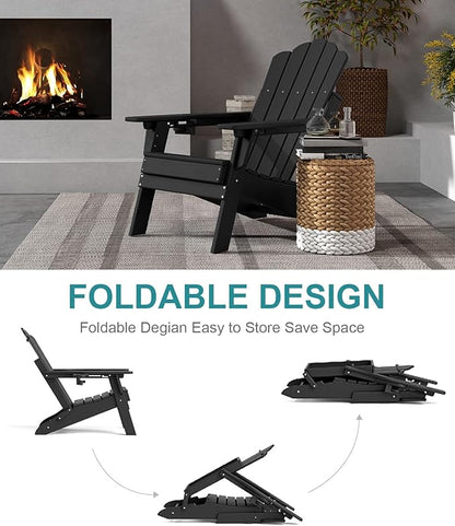 FOOWIN HDPE Adjustable Adirondack Chair Set of 2, 400lbs Heavy Duty Folding Patio Chairs with Cup Holder, 3-Position Reclining Fire Pit Seating, All-Weather Poly Lumber for Backyard, Deck-Black