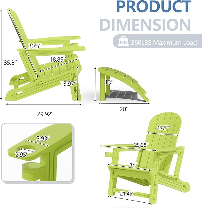 Shintenchi Adirondack Chair Set of 2,HDPE Adirondack Chairs with Umbrella Hole Connecting Tray & 2 Curved Ottoman,Plastic Outdoor Chairs with Cup Holders for Garden Backyard Pool,Green