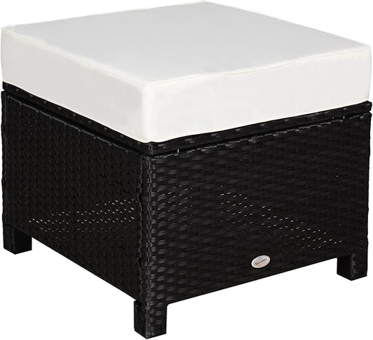 Outsunny 20" Patio Wicker Ottoman, Multipurpose Outdoor PE Rattan Footrest, Additional Seating, Side Table with Soft Cushion, Black, Cream White