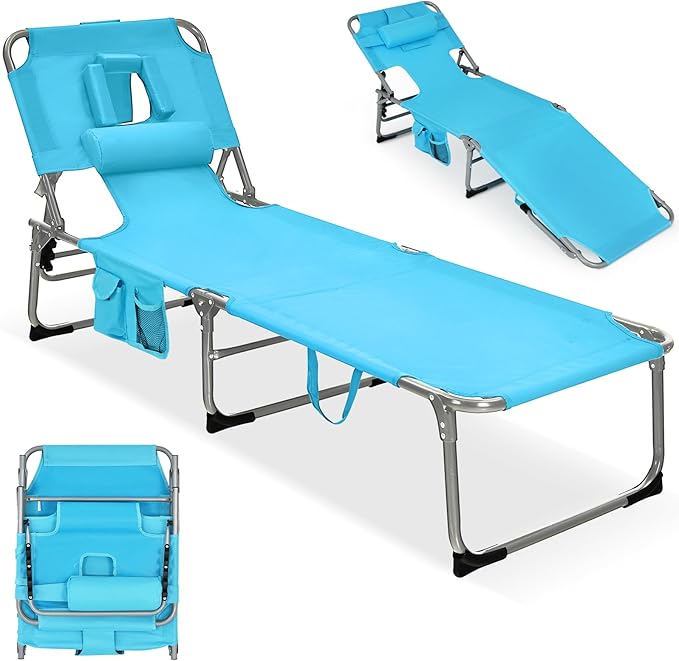 GYMAX Tanning Chair, Folding Lounger with Face/Arm Holes, Carry Handles & Side Pocket - Photo 1