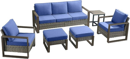 Outdoor Wicker Patio Furniture Set - 6 Piece Patio Conversation Set with 2 Wicker Armrest Chairs,2 Rattan Ottoman,1 Side Table and 1 Couch,Sturdy Frame,Thick Cushions,Deep Seating(Mixed Grey/Blue)