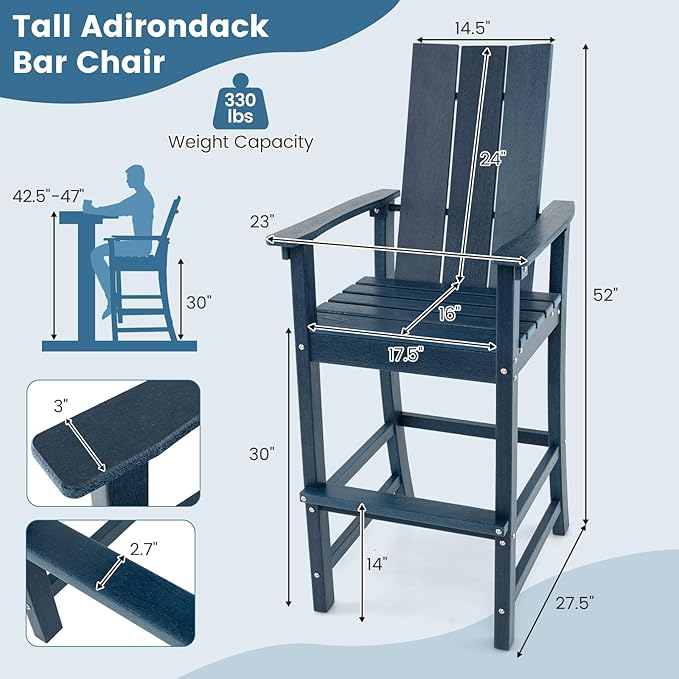 Giantex 52” Tall Adirondack Chair Set of 2, HDPE Outdoor Bar Stool with Ergonomic Backrest, Armrests, Footrest, Fire Pit Chair, All Weather Patio Bistro Chair for Garden, Lawn Chair (Navy)