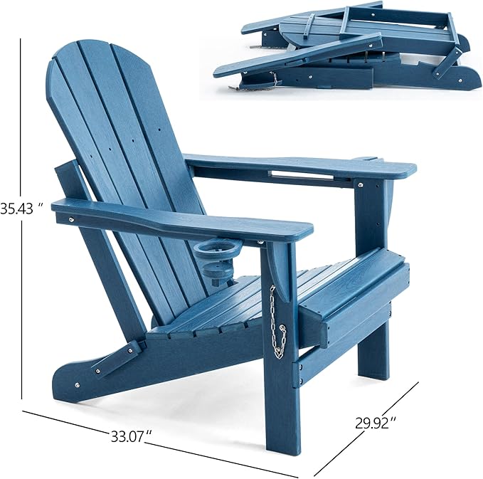 Folding Adirondack Chair, HDPE Outdoor Texture Lawn Chair with Reclining Back, Cup and Phone Holder - Comfortable Firepit Chair Weather Resistant for Patio or Backyard (Blue, Set of 2)