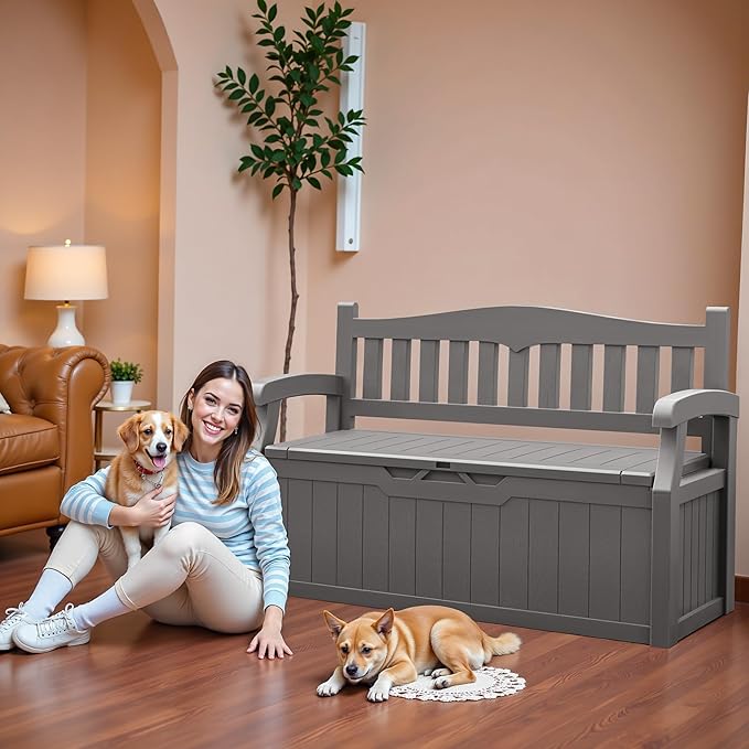 JUMMICO 80 Gallon Resin Outdoor Storage Bench, Large Deck Box with Armrest, Lockable&Waterproof for Garden, Home, Patio, Pools (Grey, 80 Gallon)