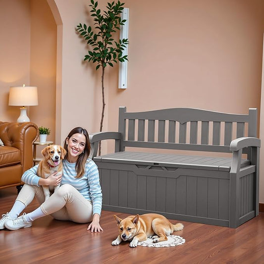 JUMMICO 80 Gallon Resin Outdoor Storage Bench, Large Deck Box with Armrest, Lockable&Waterproof for Garden, Home, Patio, Pools (Grey, 80 Gallon)