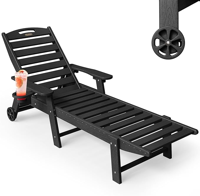 Chaise Lounge Outdoor, Lounge Chair Outdoor with Wood Texture, Adjustable 5-Position Backrest - Photo 1