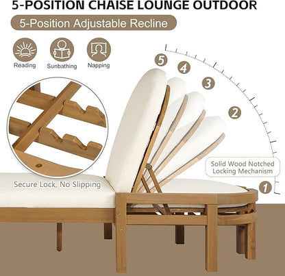 Outdoor Chaise Lounge Chair, Patio Chaise Lounge Recliner with Adjustable Backrest, Acacia Wood Poolside Chaise Lounge with Thick All-Weather Cushions for Patio, Deck and Backyard(C)