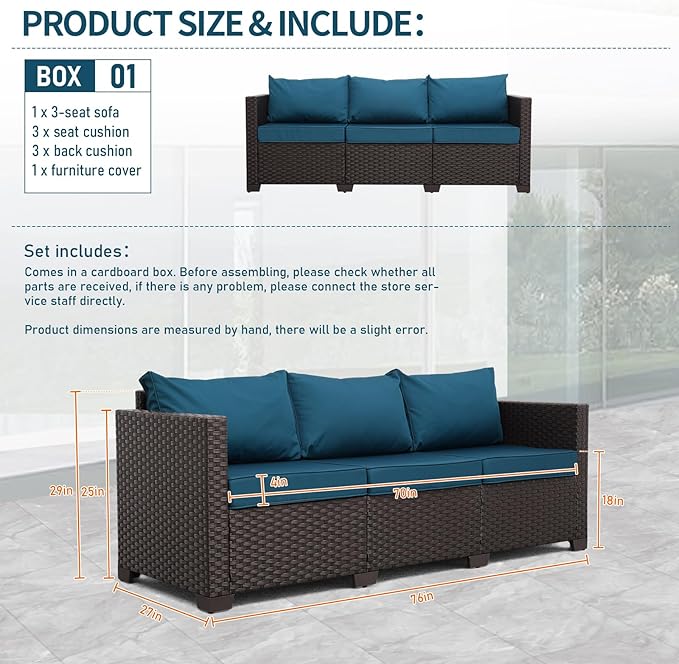 Valita Patio Furniture 3-seat Sofa Brown Wicker Outdoor Furniture Outdoor Couch Deep Seat High Backrest Waterproof - Photo 2