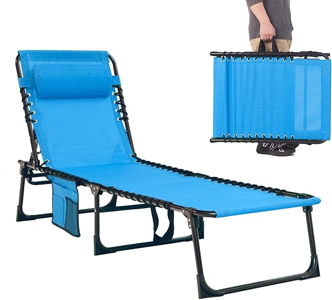 Patio Lounge Chair Folding Chaise Bed - Heavy-Duty 400lb Capacity Portable Adjustable Recliner w/Pillow for Pool - Photo 7
