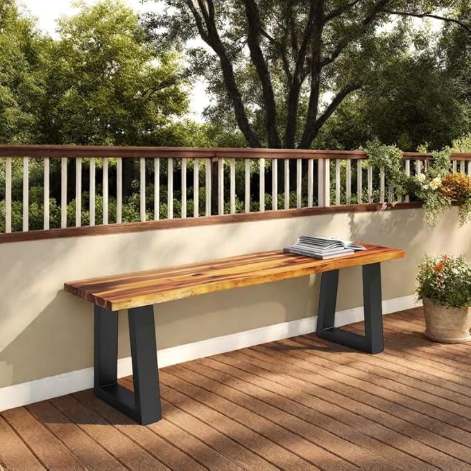 ERGOMASTER Outdoor Bench, 57.5" Acacia Wooden Dining Bench with Steel Legs, 1 Pack - Photo 4